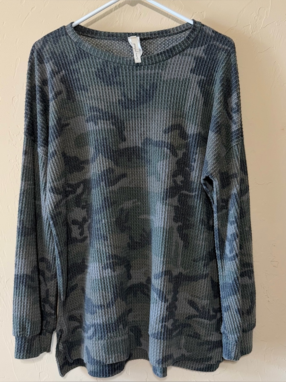 Camo Waffle-Knit Long Sleeve Tee - Olive